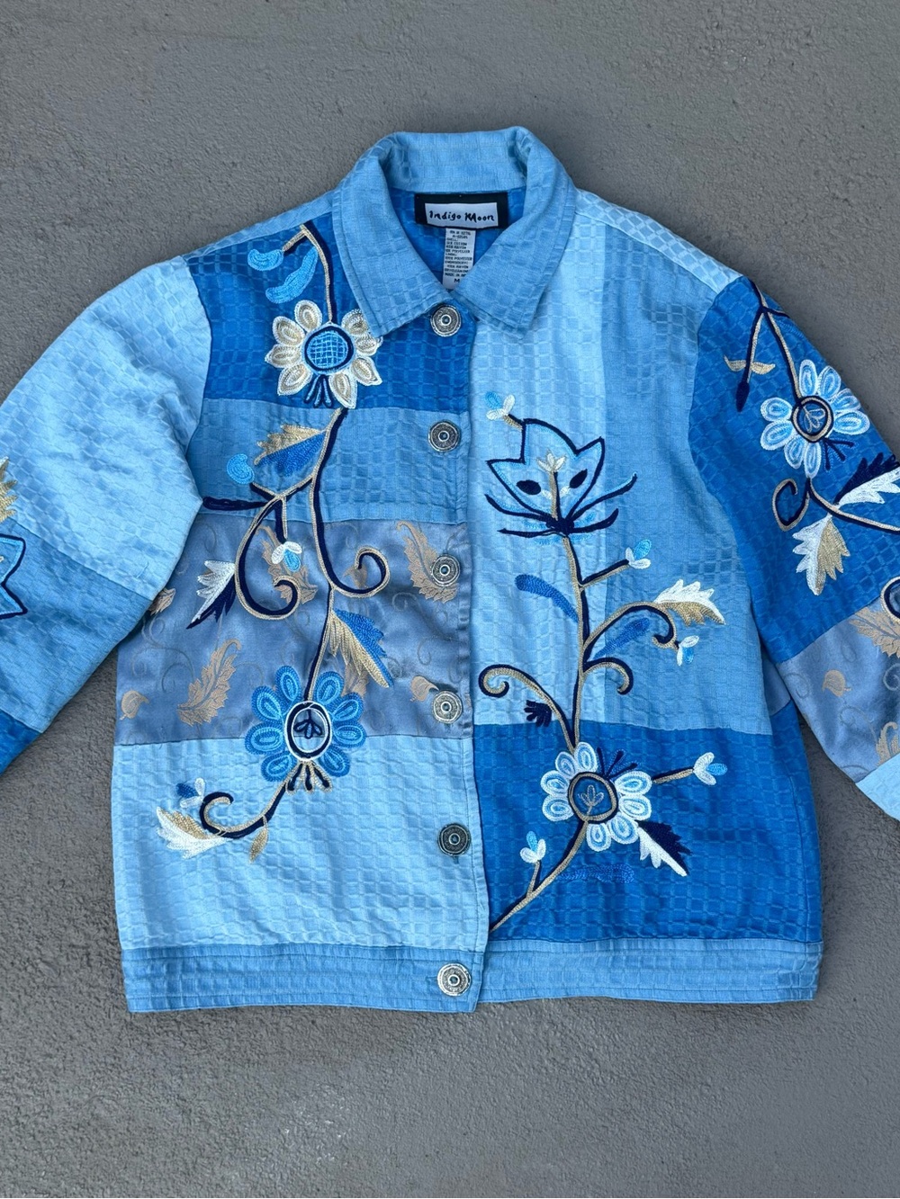Vintage Indigo Moon Blue Patchwork Floral Embroidered Wearable Art Jacket Size M